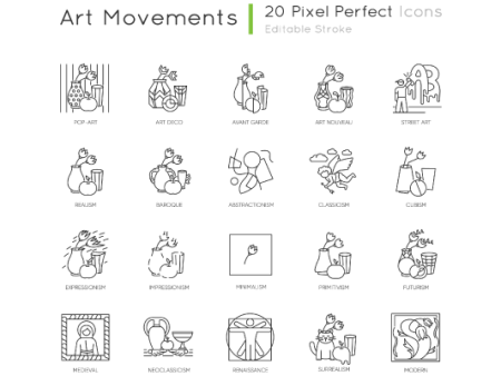 Art movements pixel perfect linear icons set Discount