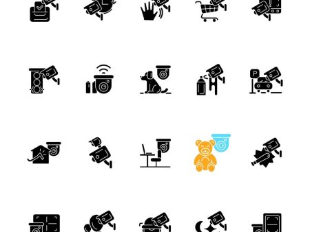 Surveillance and security systems black glyph icons set on white space Fashion