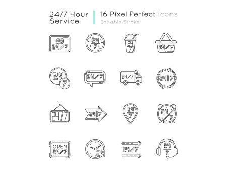 24 7 hour service pixel perfect linear icons set Fashion