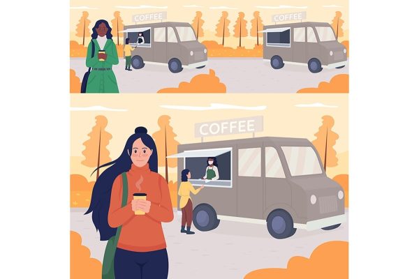 Walk in autumn flat color vector illustrations Fashion