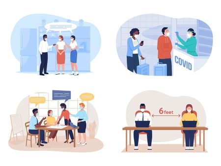 After covid precaution for office and travel 2D vector isolated illustration set Cheap